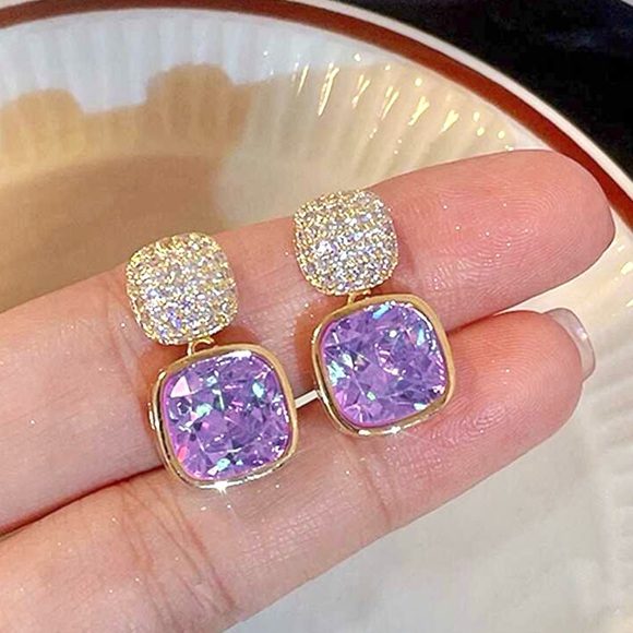 Cubic Zirconia Purple Gemstone Earrings - Picture 2 of 7